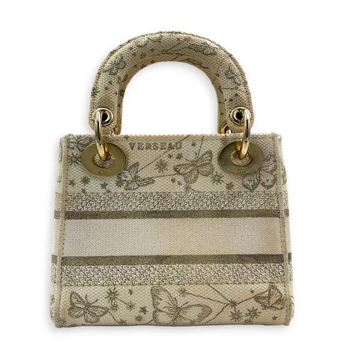 Lady D-Lite Top Handle Bag Mini White in Canvas, Gold hardware