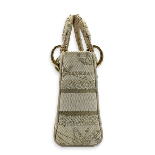 Lady D-Lite Top Handle Bag Mini White in Canvas, Gold hardware