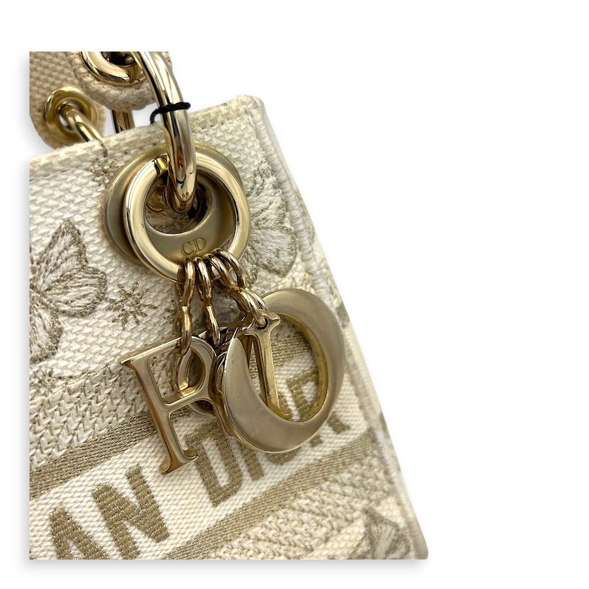 Lady D-Lite Top Handle Bag Mini White in Canvas, Gold hardware