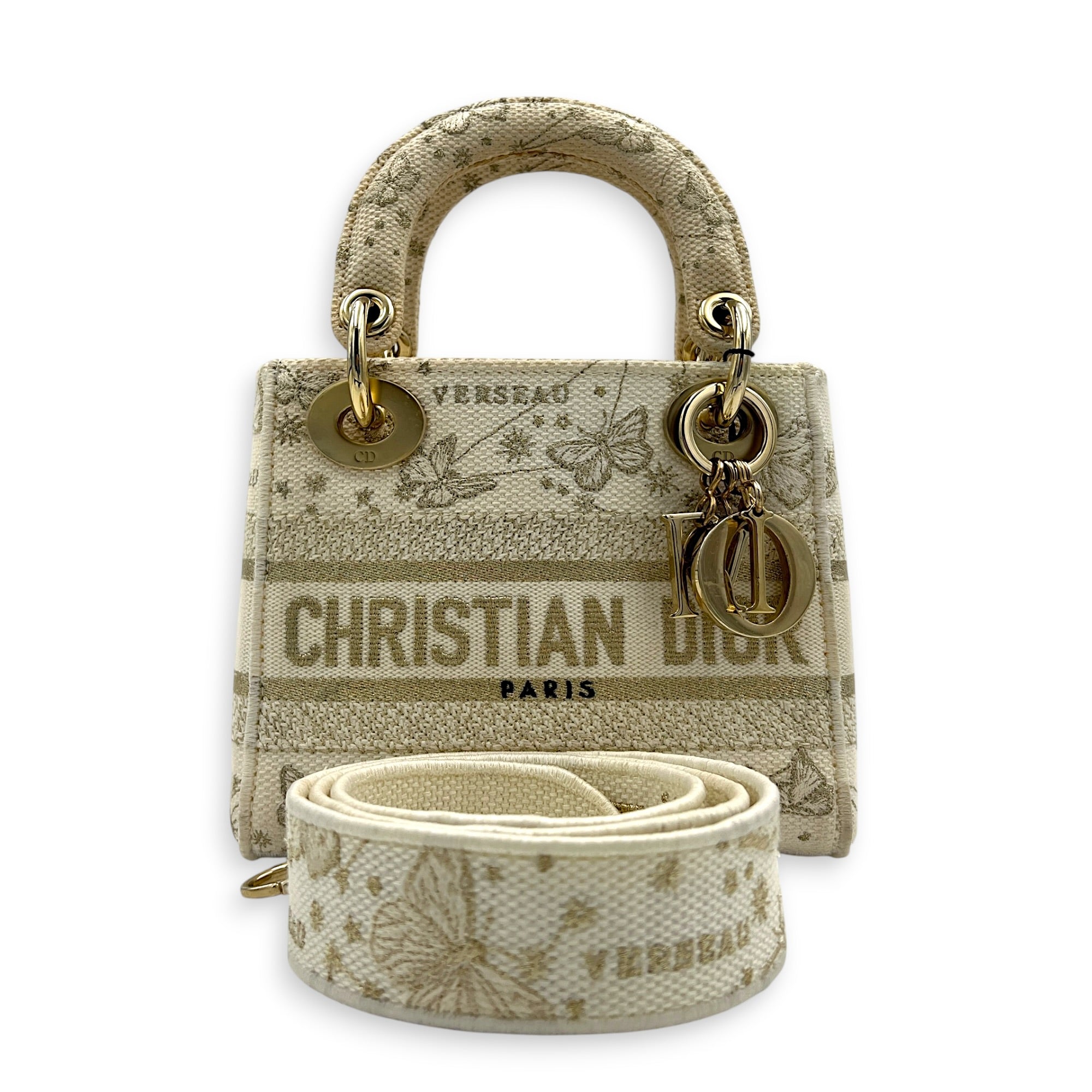 Lady D-Lite Top Handle Bag Mini White in Canvas, Gold hardware