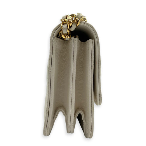 CC Charms Wallet On Chain White in Caviar Leather, Gold hardware