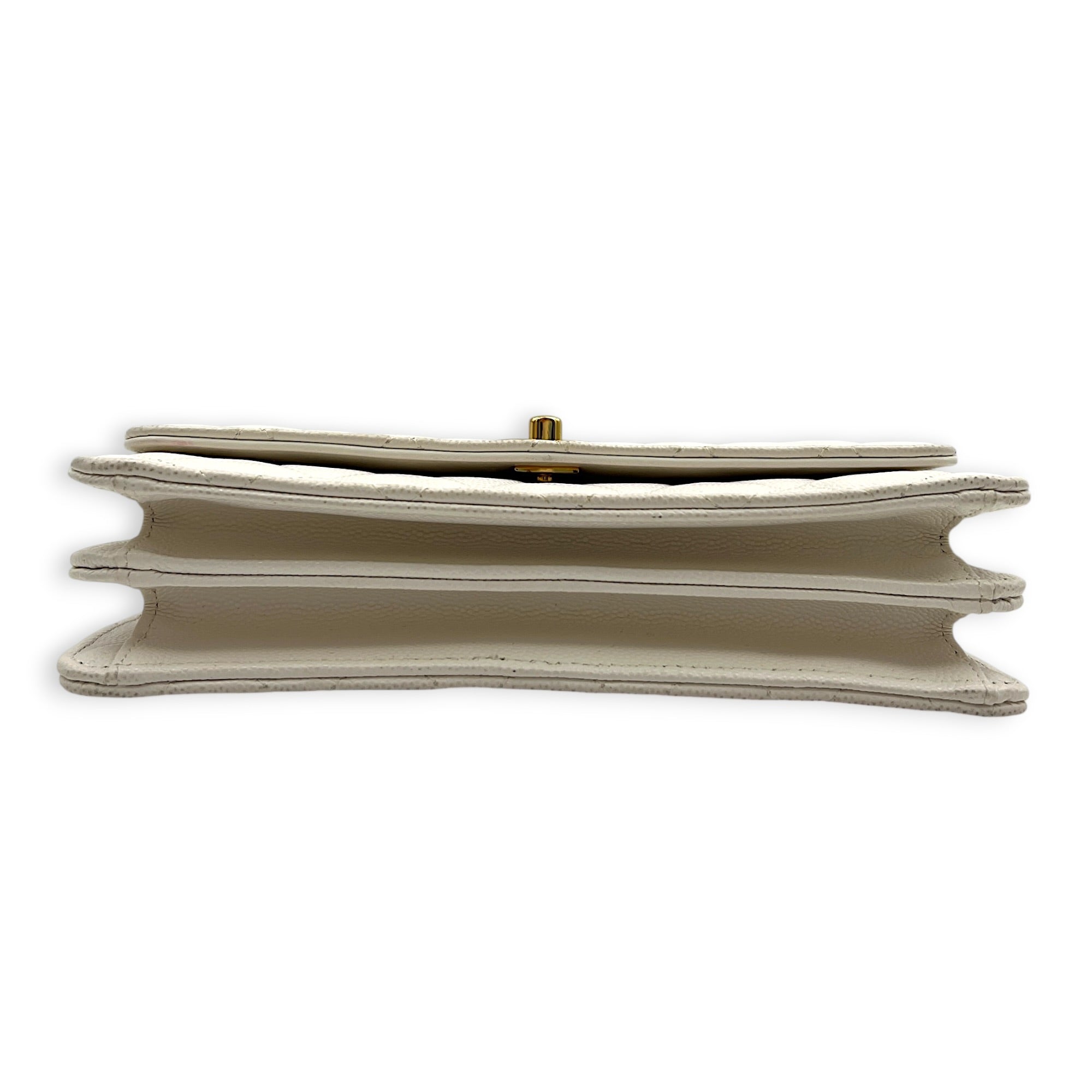 CC Charms Wallet On Chain White in Caviar Leather, Gold hardware