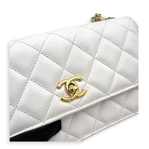 CC Charms Wallet On Chain White in Caviar Leather, Gold hardware