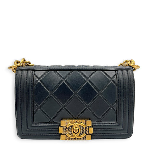 Boy Small Blue Shoulder Bag in Lambskin, Gold hardware