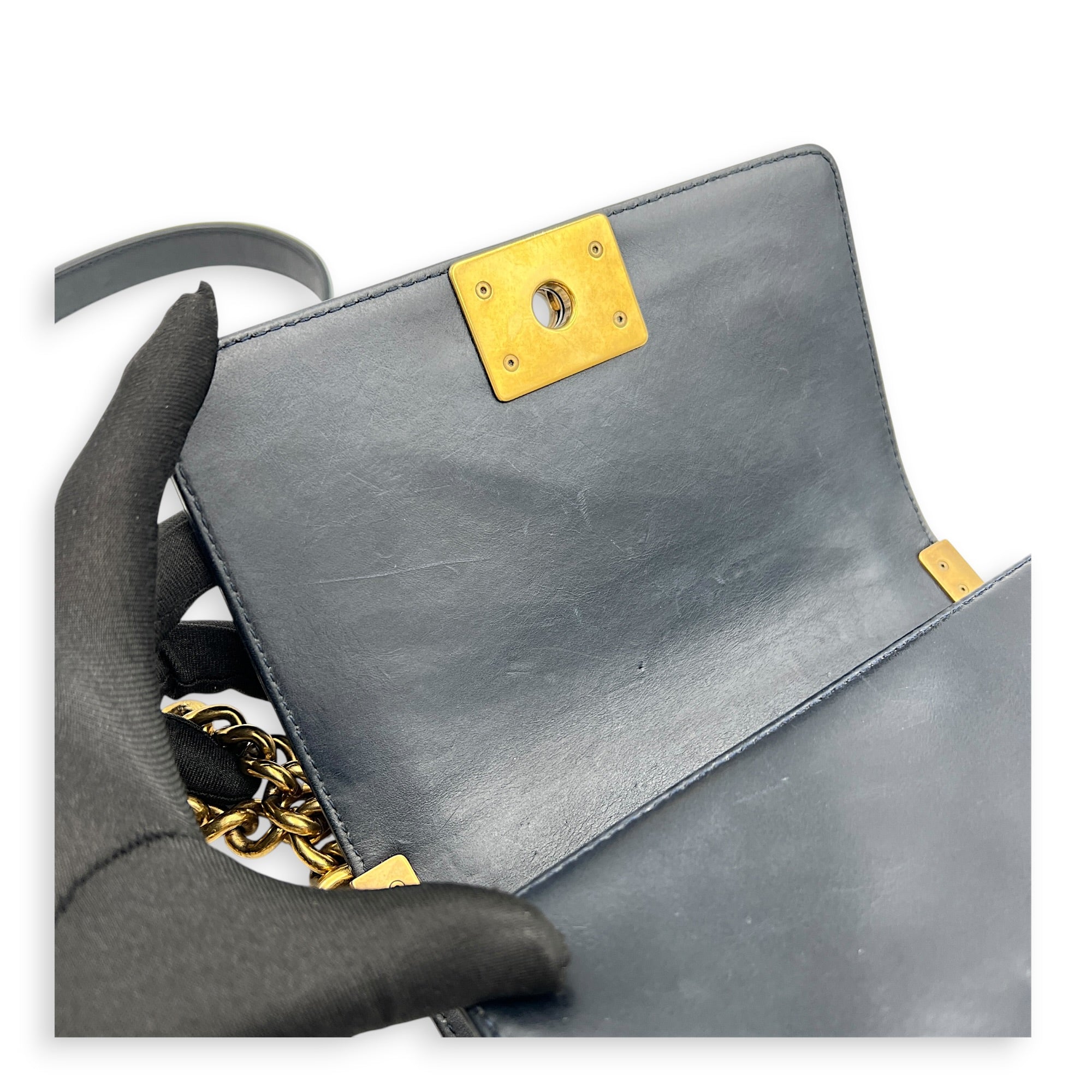 Boy Small Blue Shoulder Bag in Lambskin, Gold hardware