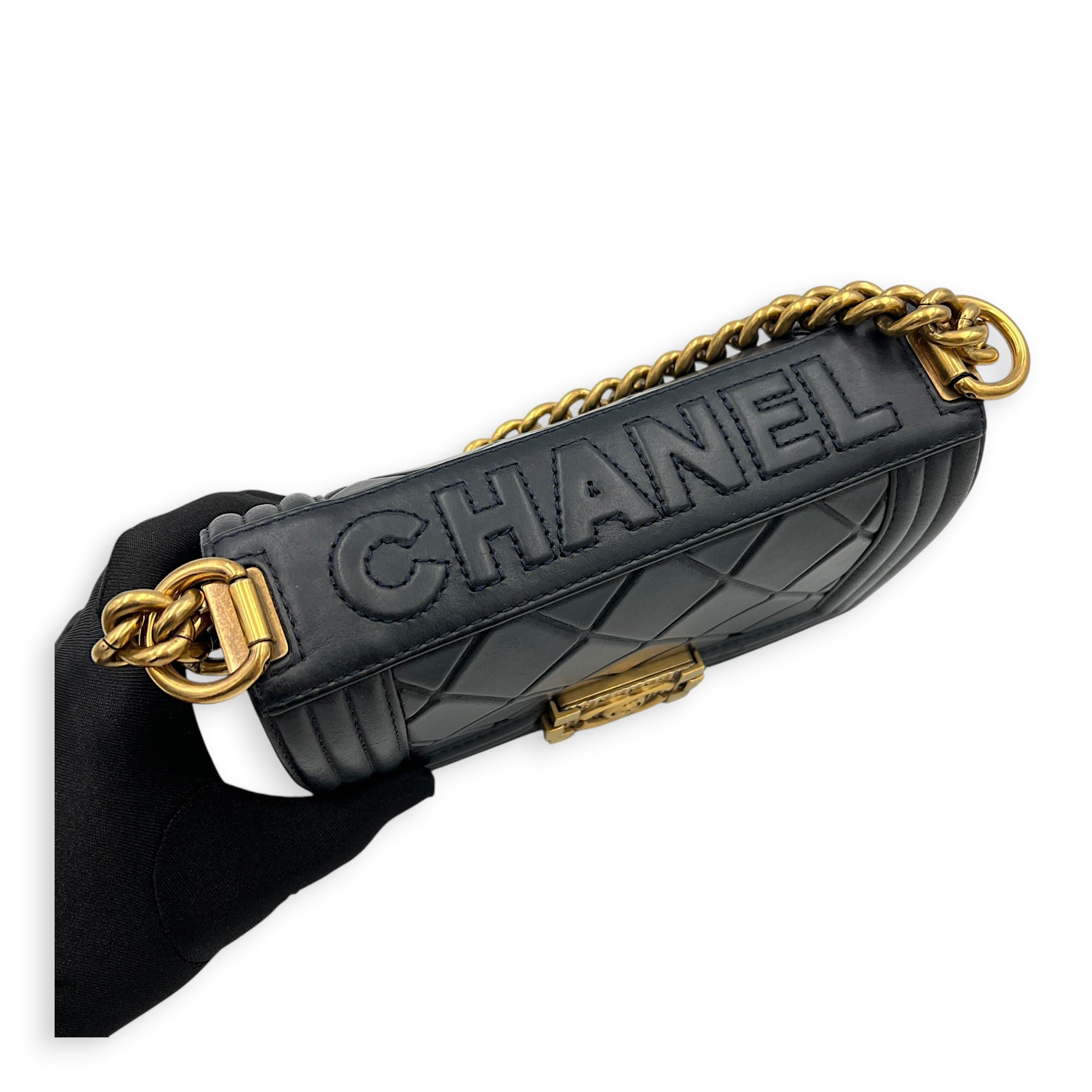 Boy Small Blue Shoulder Bag in Lambskin, Gold hardware