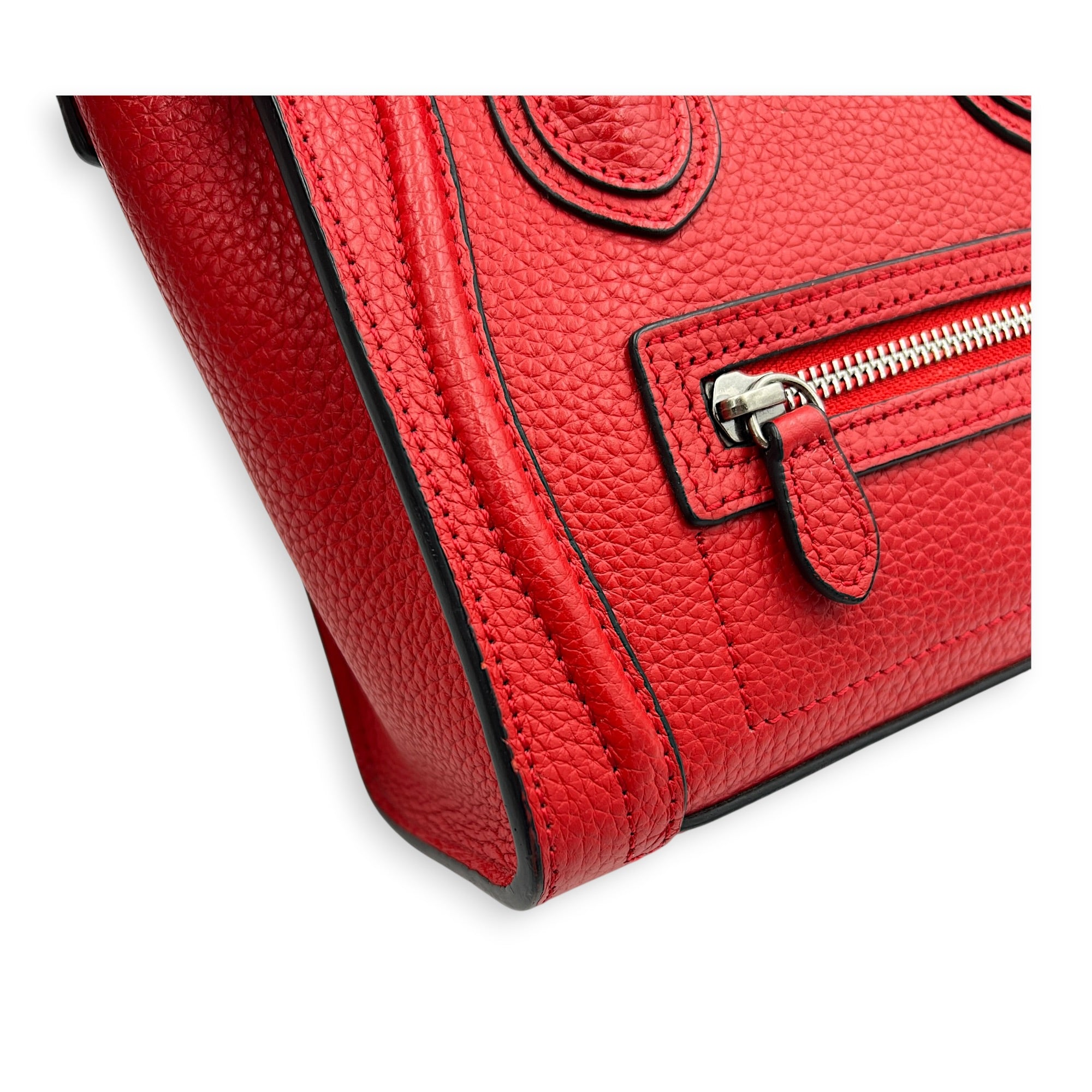 Luggage Top Handle Bag Nano Red in Calfskin, Ruthenium hardware
