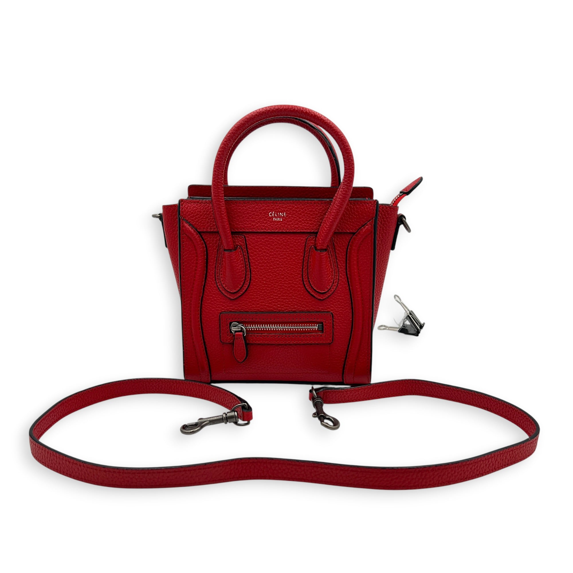 Luggage Top Handle Bag Nano Red in Calfskin, Ruthenium hardware
