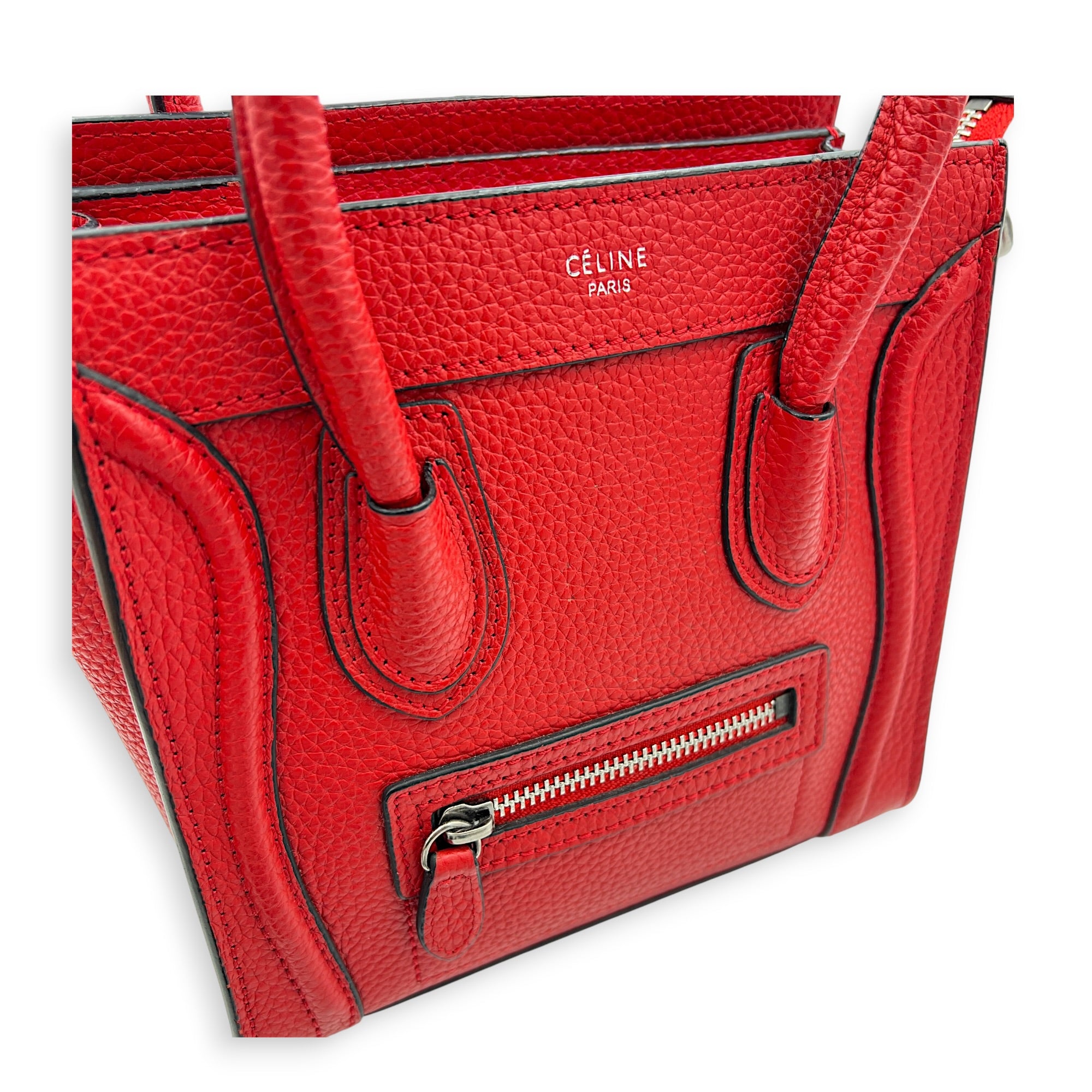 Luggage Top Handle Bag Nano Red in Calfskin, Ruthenium hardware