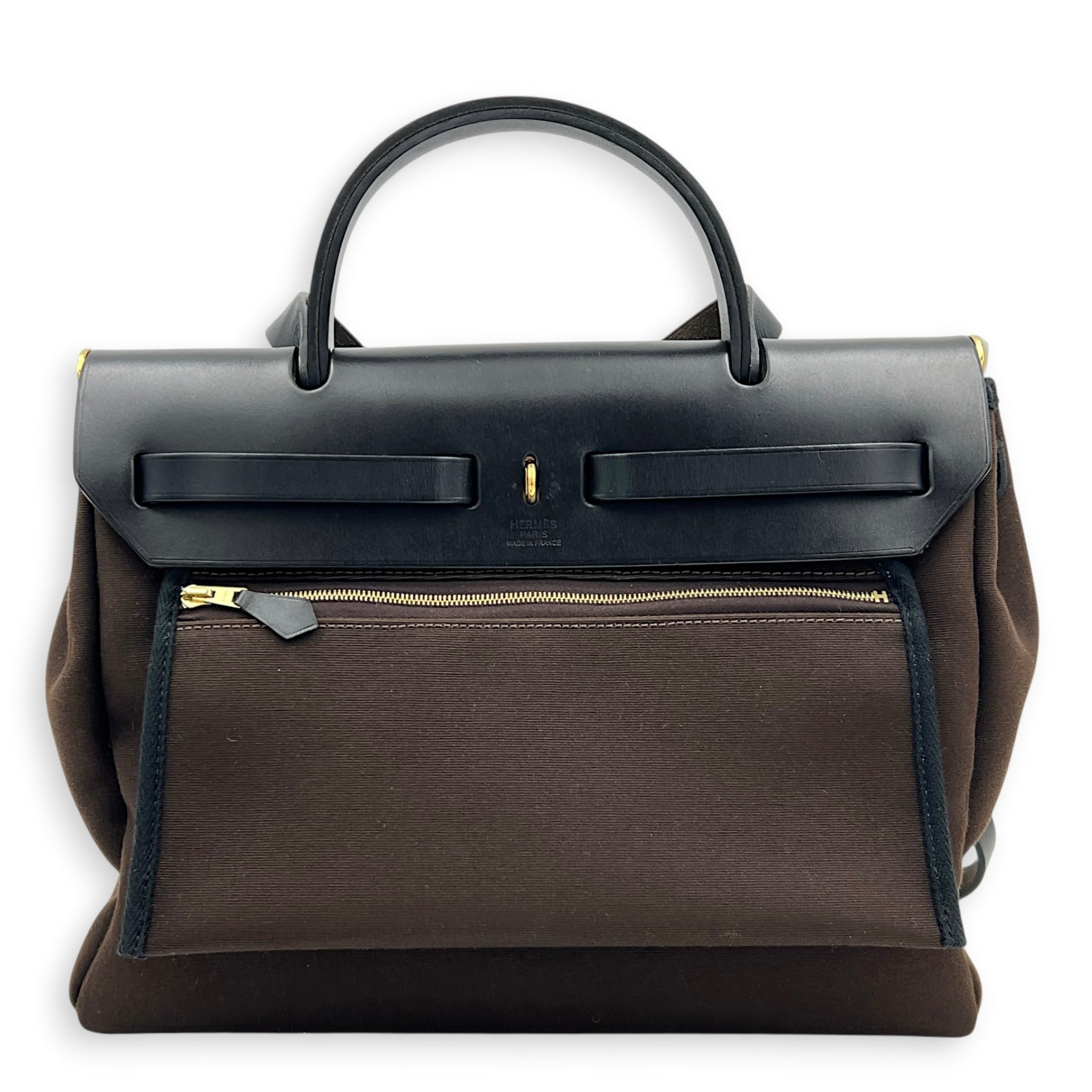 Herbag 31 Ebene/Noir Top Handle Bag in Canvas, Gold hardware