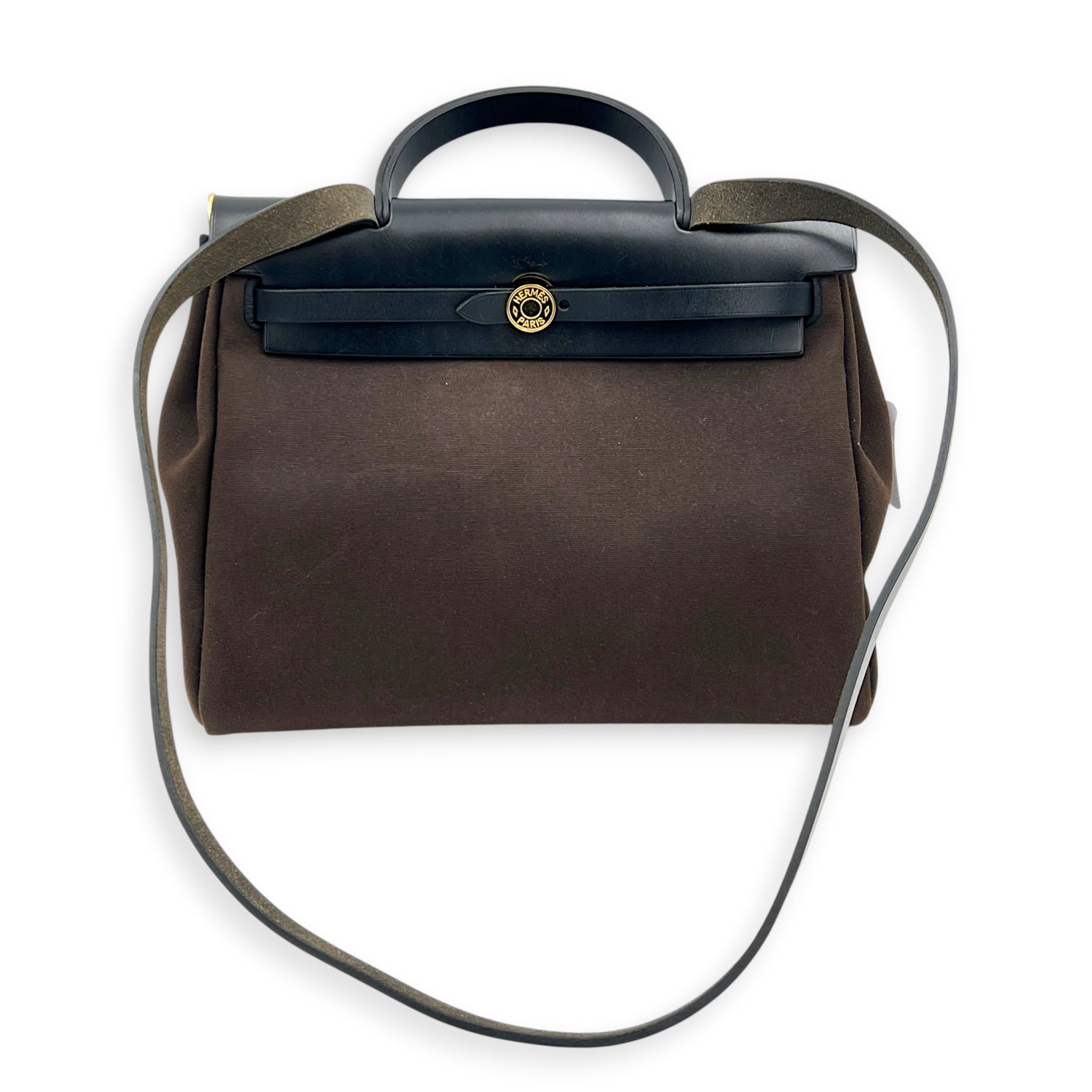 Herbag 31 Ebene/Noir Top Handle Bag in Canvas, Gold hardware
