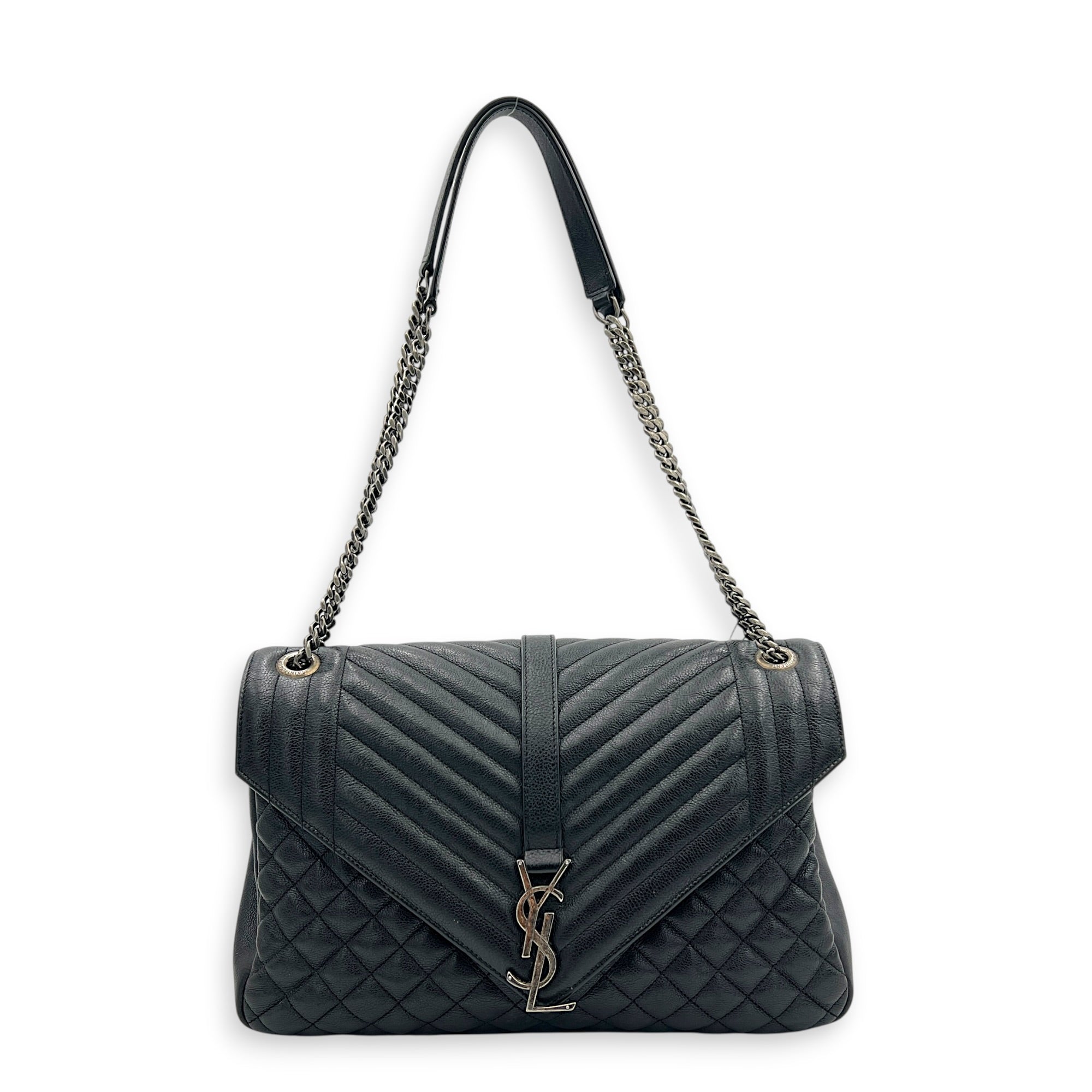 College Shoulder Bag Black in Calfskin, Ruthenium hardware