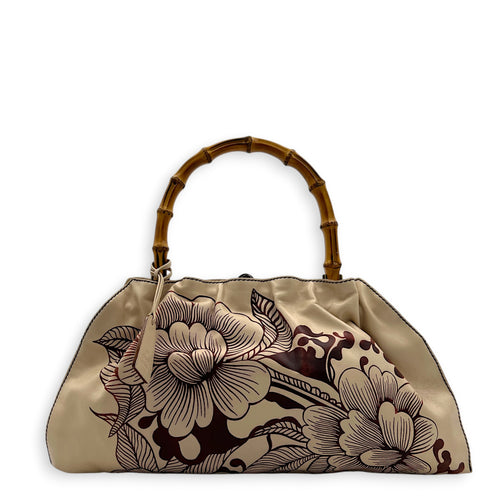 Floral Bamboo  Top Handle Bag Beige in Calfskin, Gold hardware