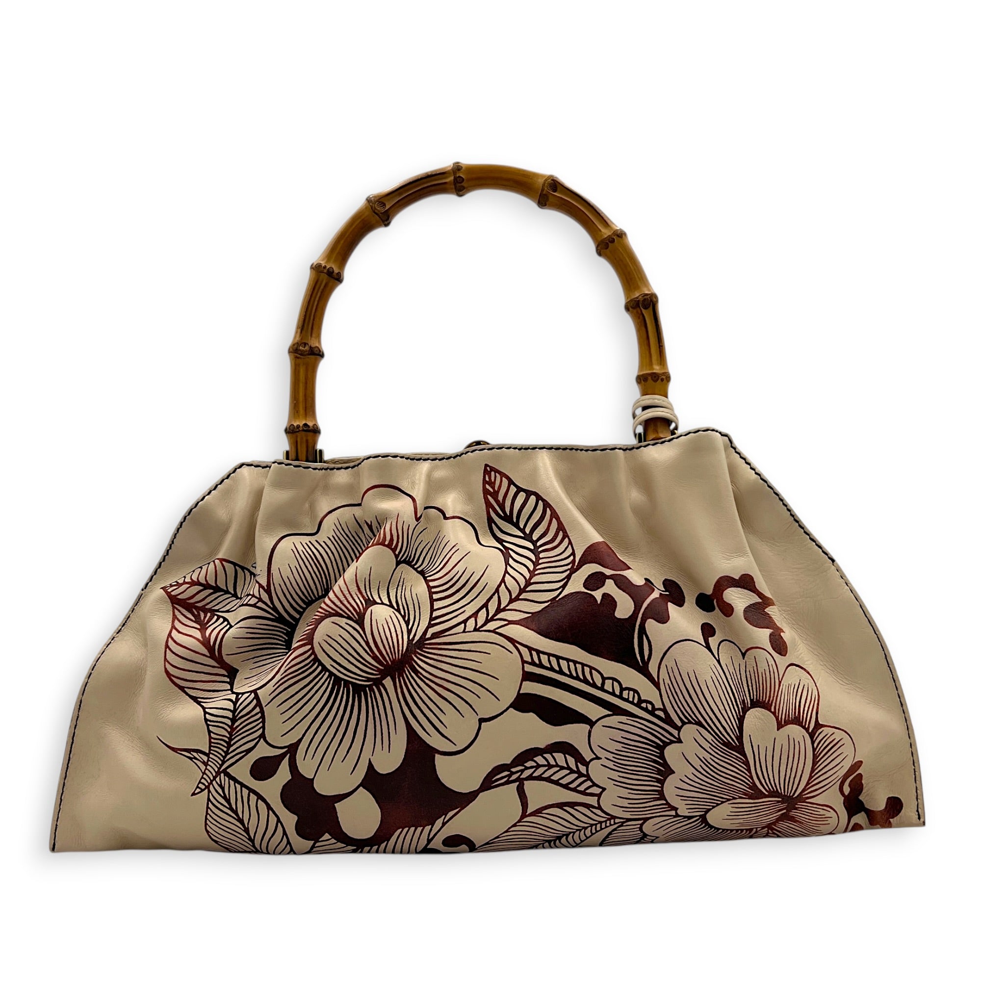 Floral Bamboo  Top Handle Bag Beige in Calfskin, Gold hardware
