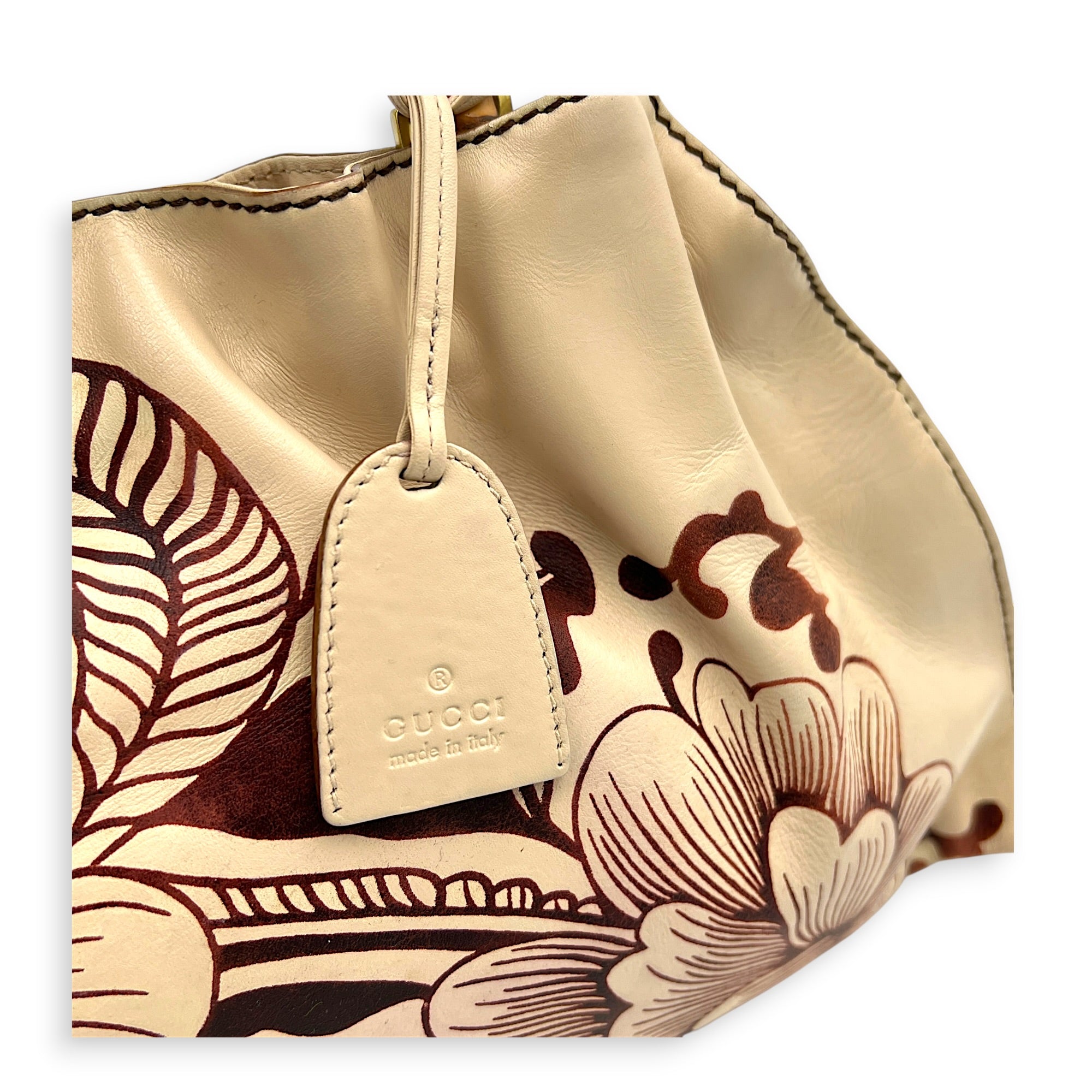 Floral Bamboo  Top Handle Bag Beige in Calfskin, Gold hardware