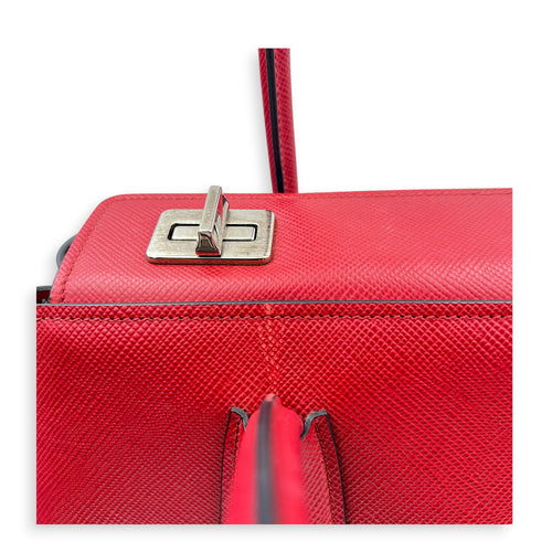 2 way Turnlock Red Top Handle Bag in Saffiano Leather, Silver hardware