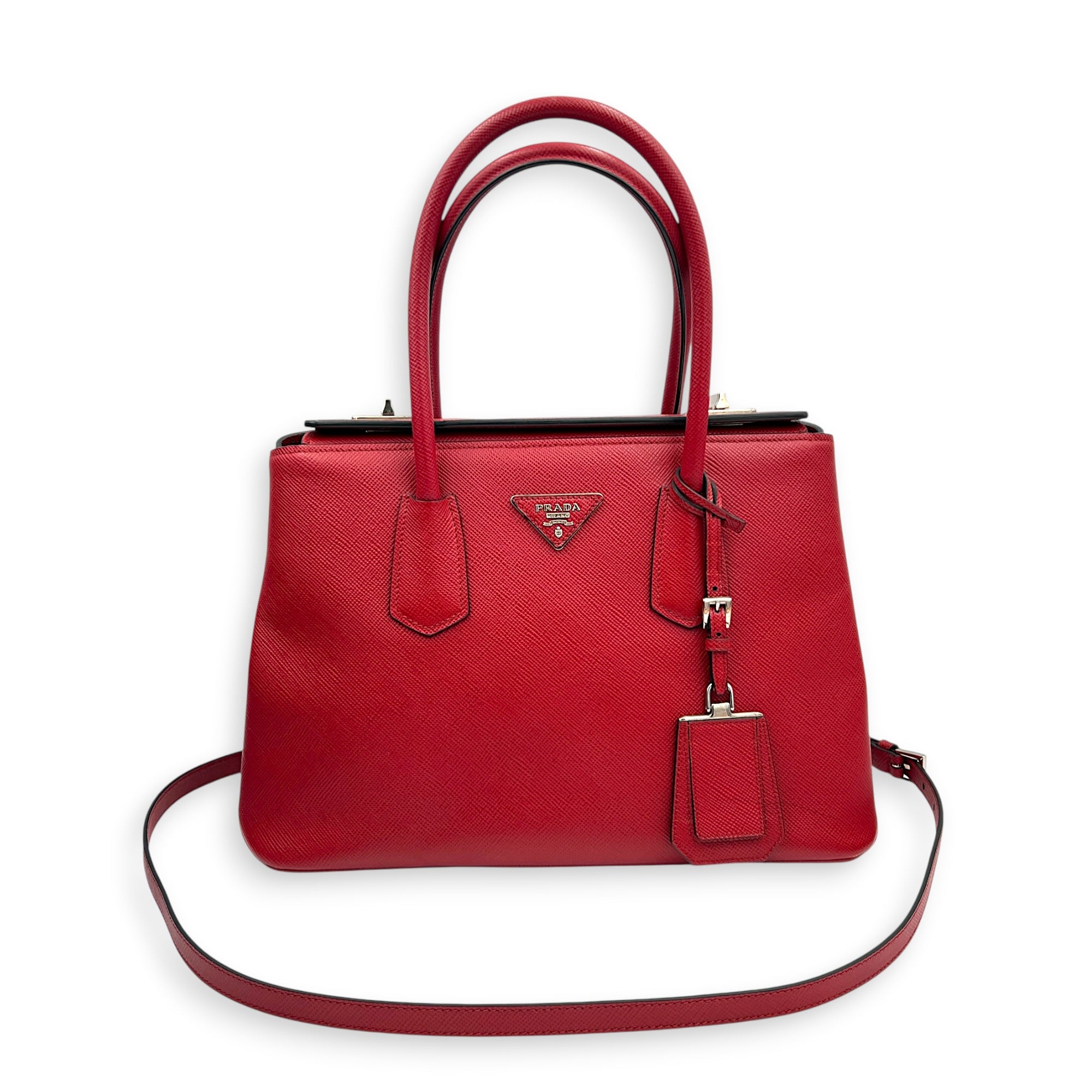 2 way Turnlock Red Top Handle Bag in Saffiano Leather, Silver hardware