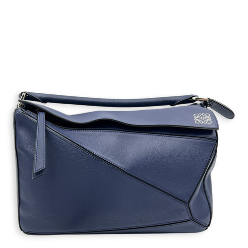 Puzzle Shoulder Bag Medium Blue in Calfskin, Silver hardware