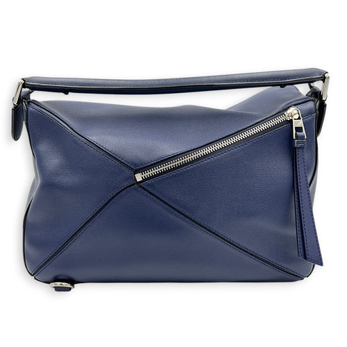 Puzzle Shoulder Bag Medium Blue in Calfskin, Silver hardware