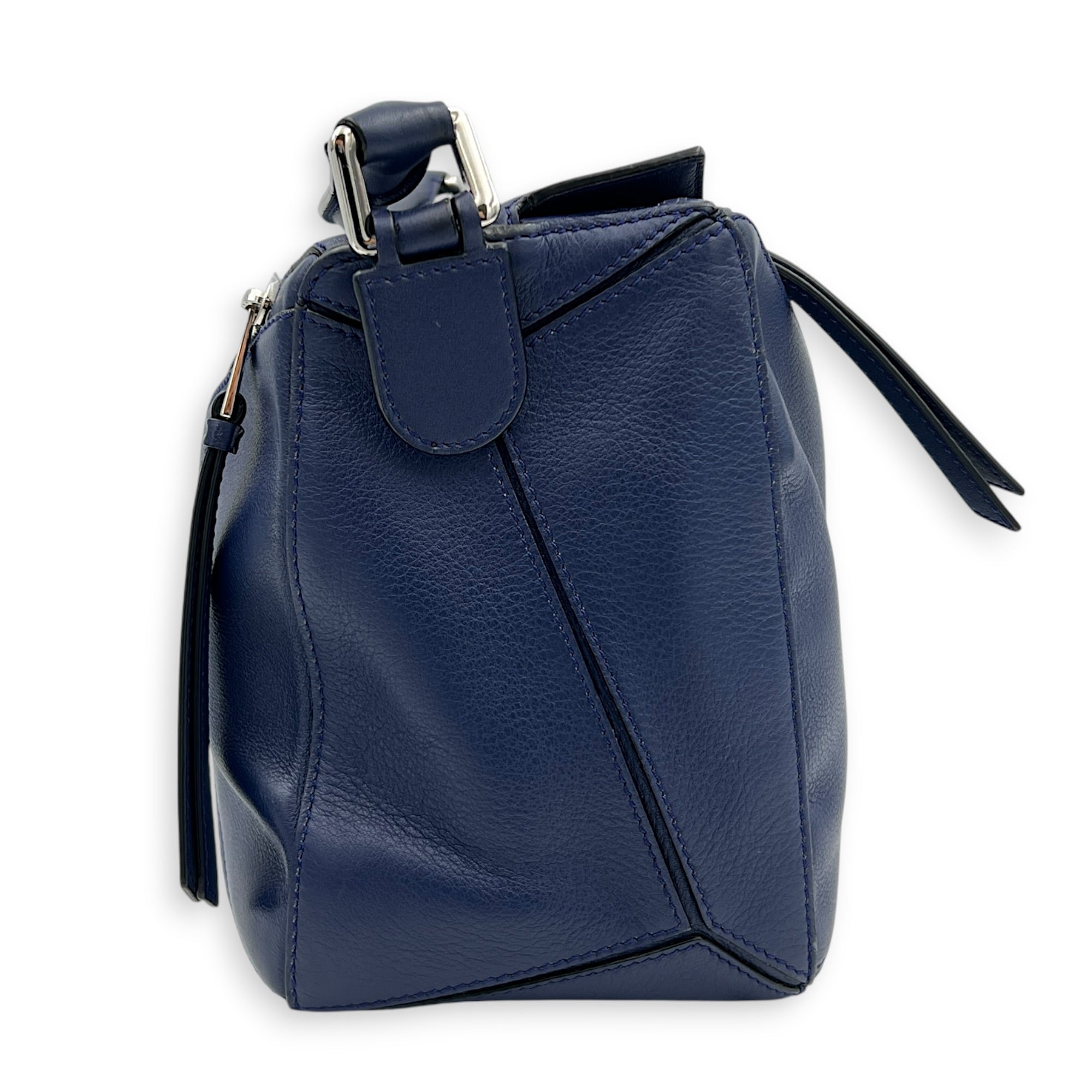 Puzzle Shoulder Bag Medium Blue in Calfskin, Silver hardware
