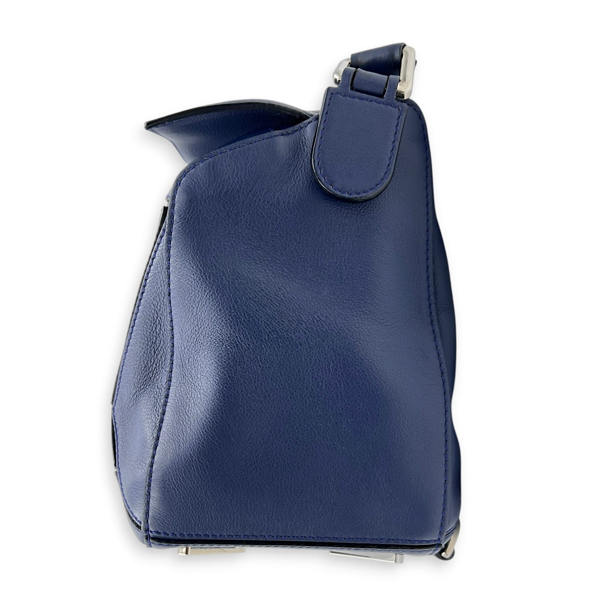 Puzzle Shoulder Bag Medium Blue in Calfskin, Silver hardware