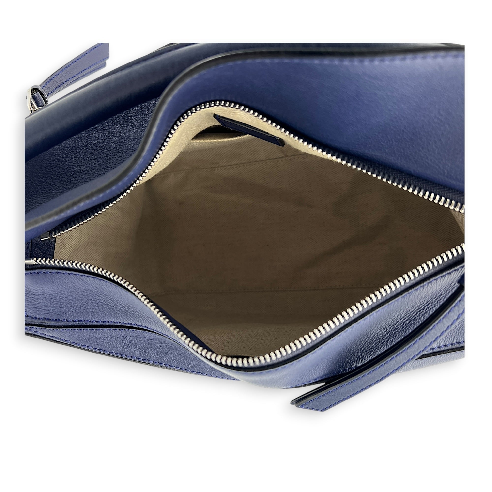 Puzzle Shoulder Bag Medium Blue in Calfskin, Silver hardware