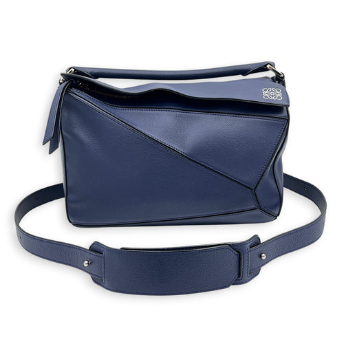 Puzzle Shoulder Bag Medium Blue in Calfskin, Silver hardware