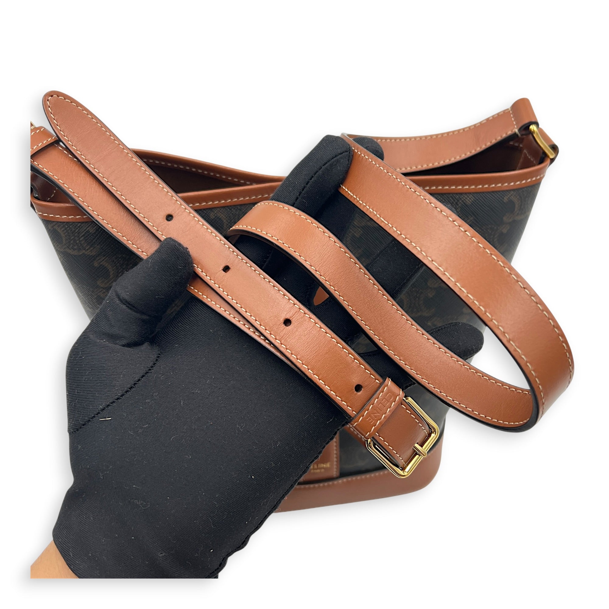 Triomphe Bucket Bag Brown in Coated Canvas, Gold hardware
