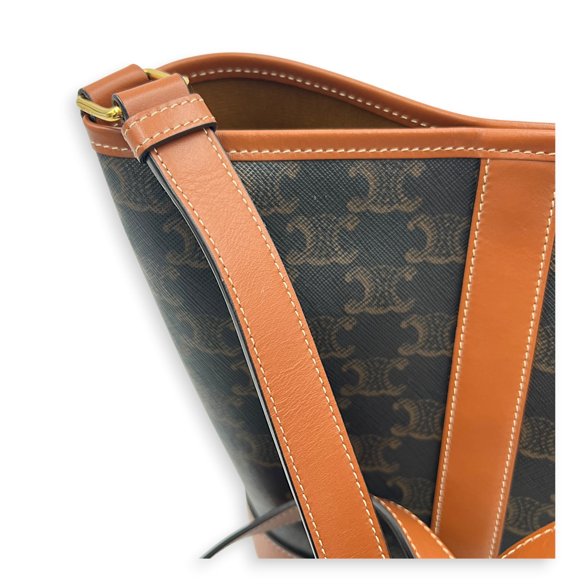 Triomphe Bucket Bag Brown in Coated Canvas, Gold hardware