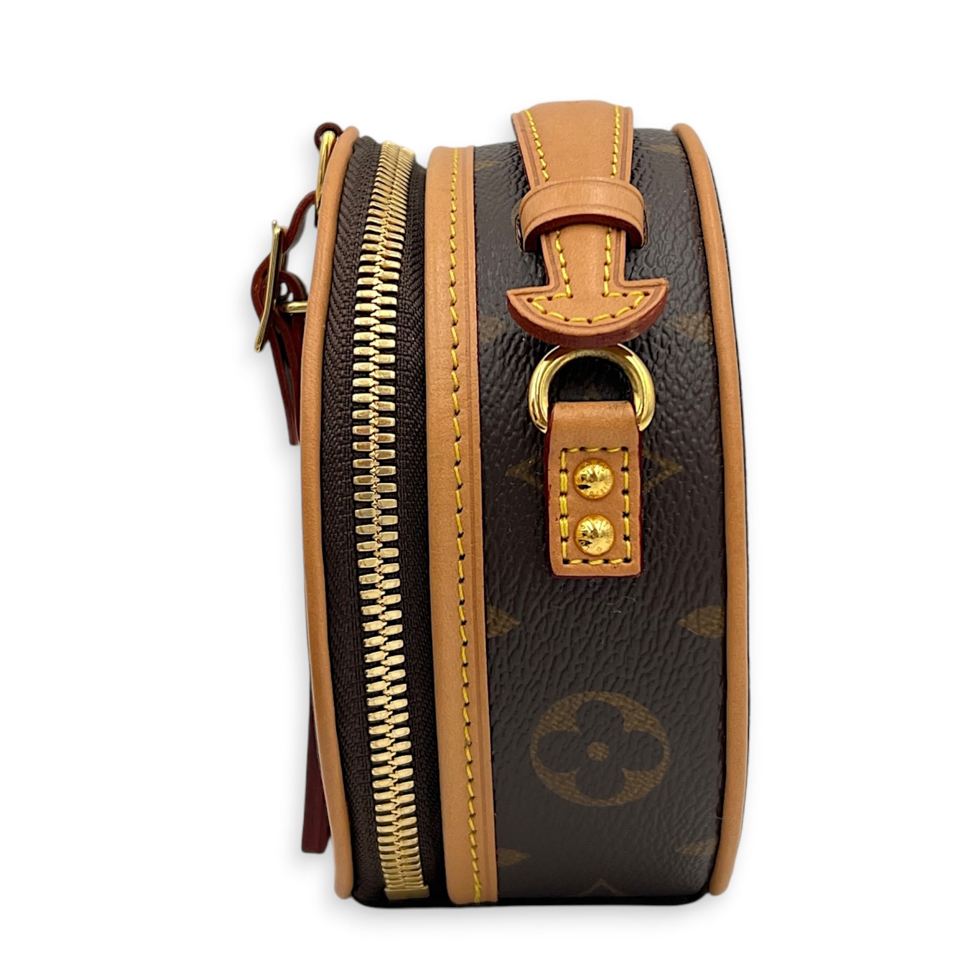 Boite Chapeau Shoulder Bag Mini Brown in Monogram Coated Canvas, Gold hardware