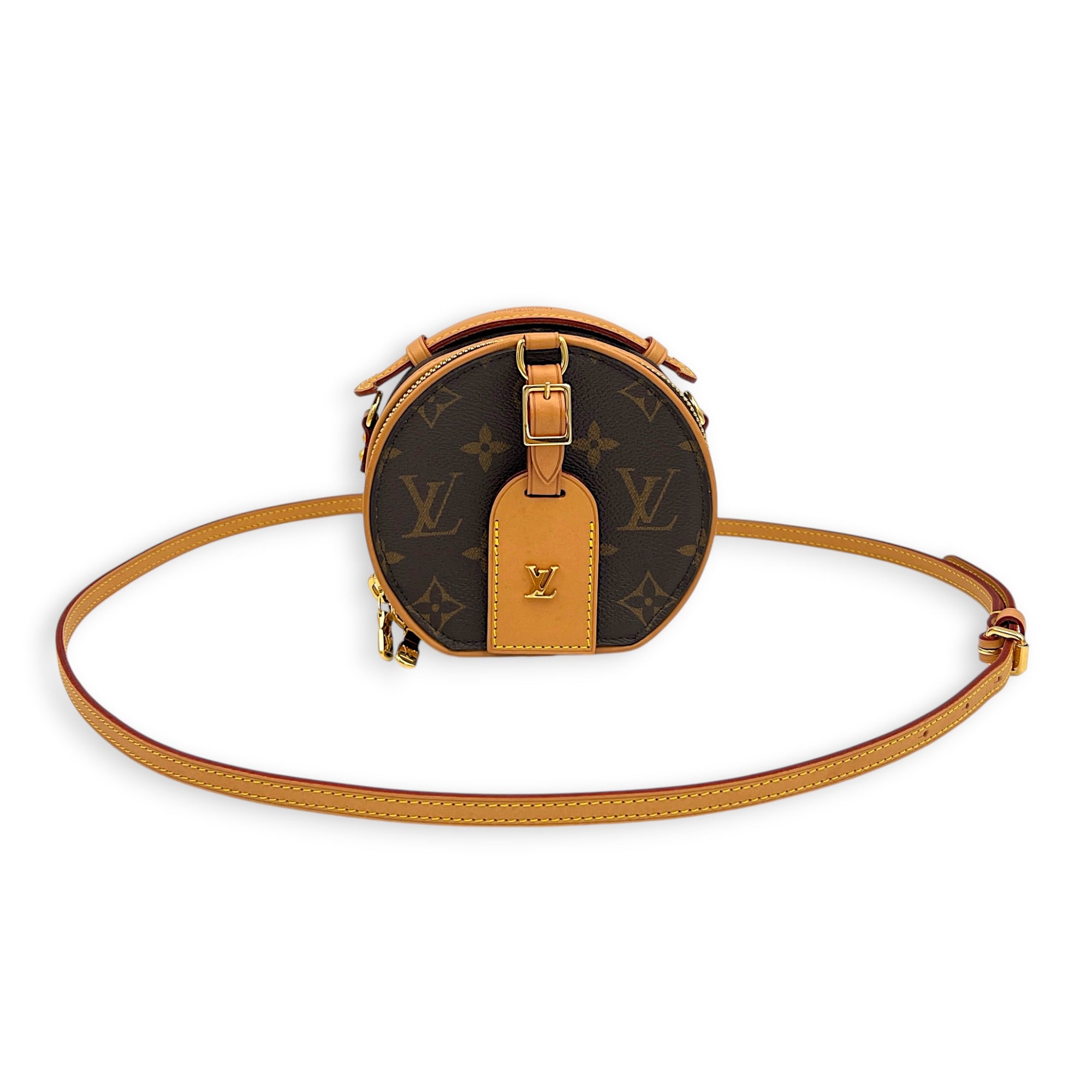 Boite Chapeau Shoulder Bag Mini Brown in Monogram Coated Canvas, Gold hardware