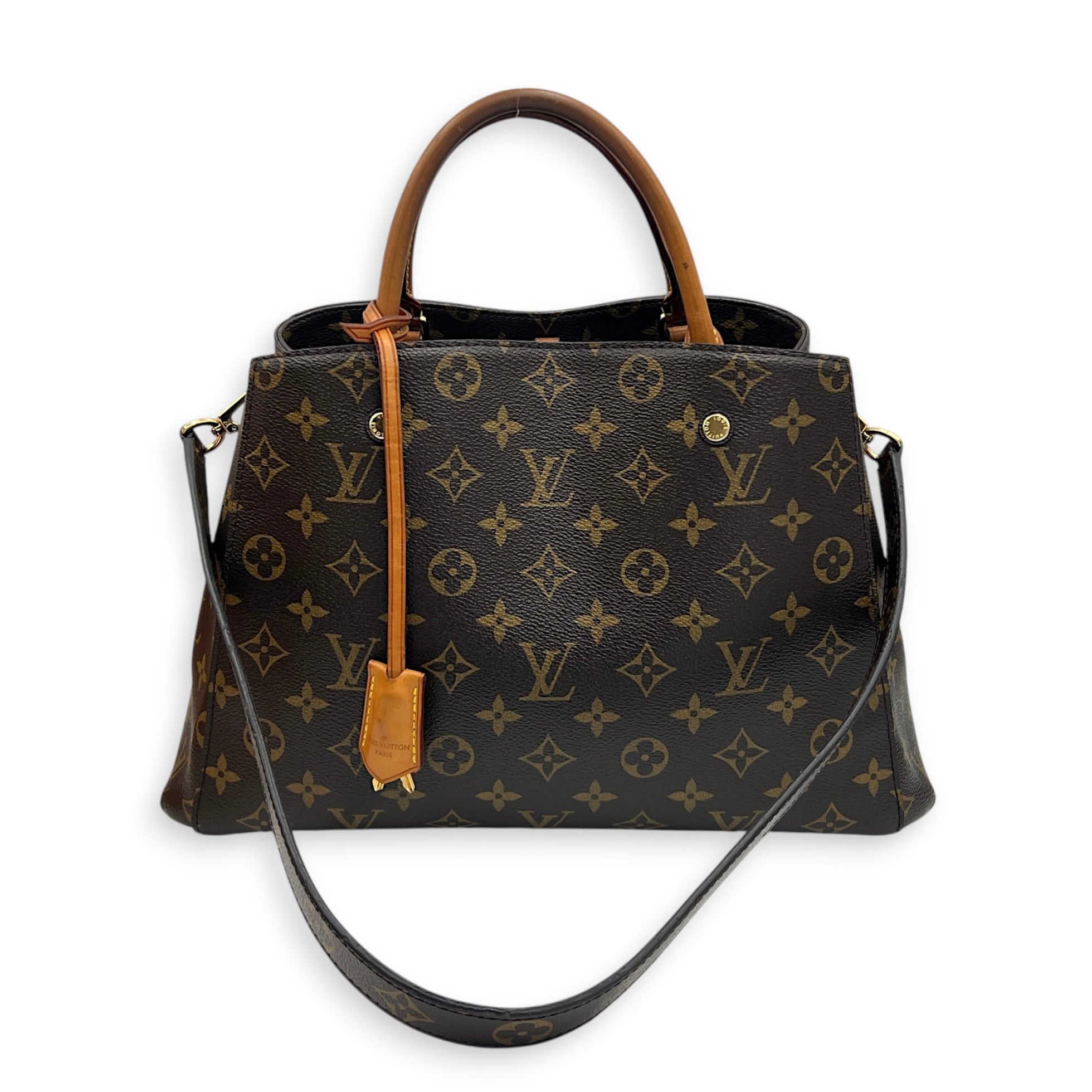Montaigne Top Handle Bag Brown in Monogram Coated Canvas, Gold hardware