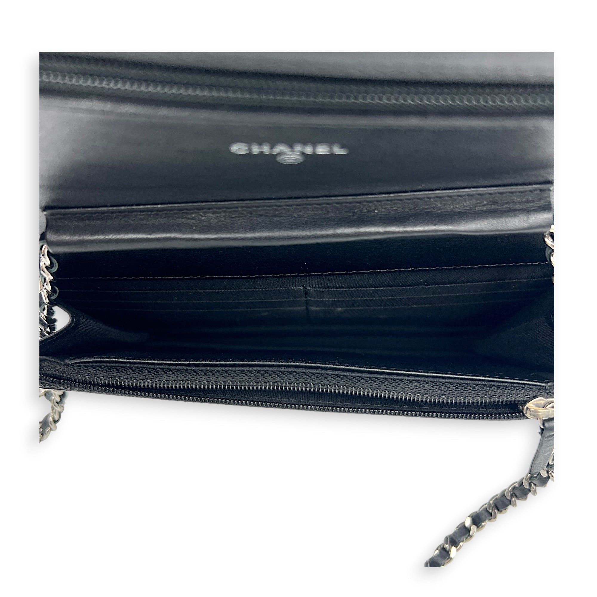 Boy Wallet On Chain Black (recoloured) in Calfskin, Silver hardware