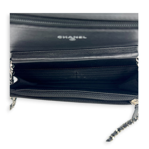 Boy Wallet On Chain Black (recoloured) in Calfskin, Silver hardware