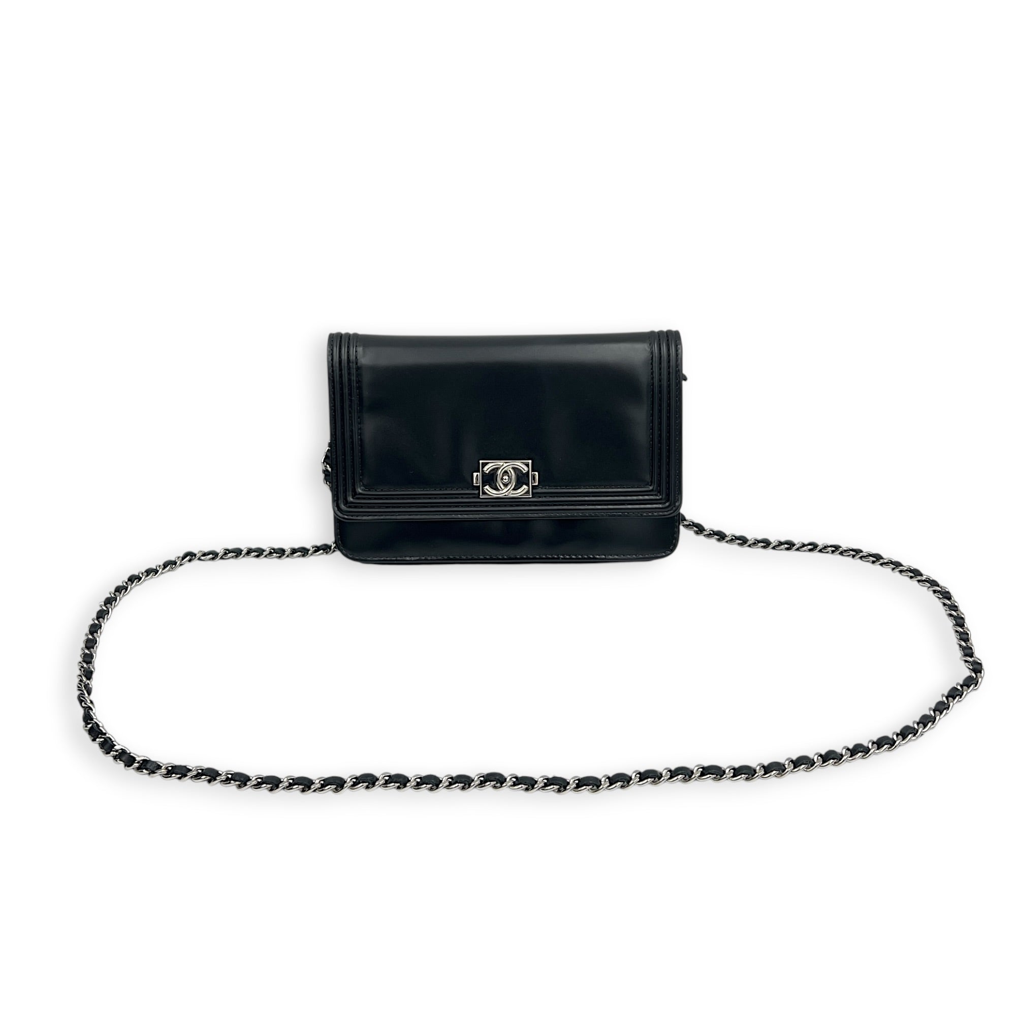 Boy Wallet On Chain Black (recoloured) in Calfskin, Silver hardware