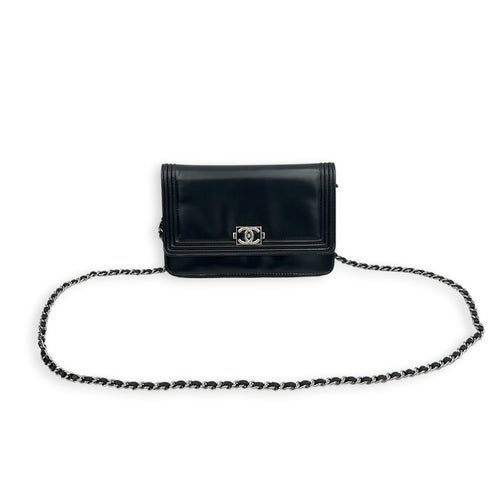 Boy Wallet On Chain Black (recoloured) in Calfskin, Silver hardware