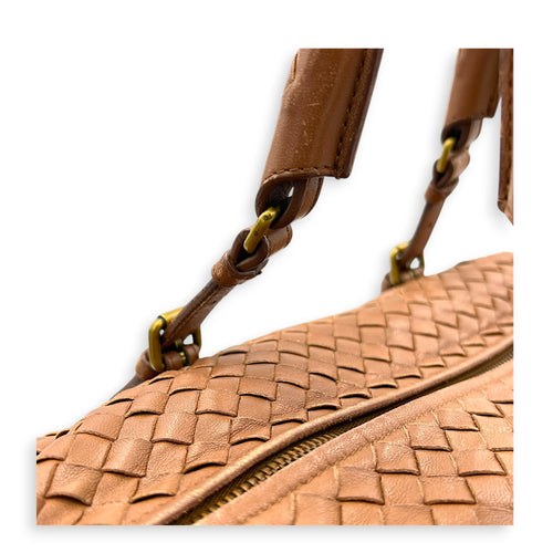 Intrecciato Brown Top Handle Bag in Nappa Leather, Brushed Gold hardware