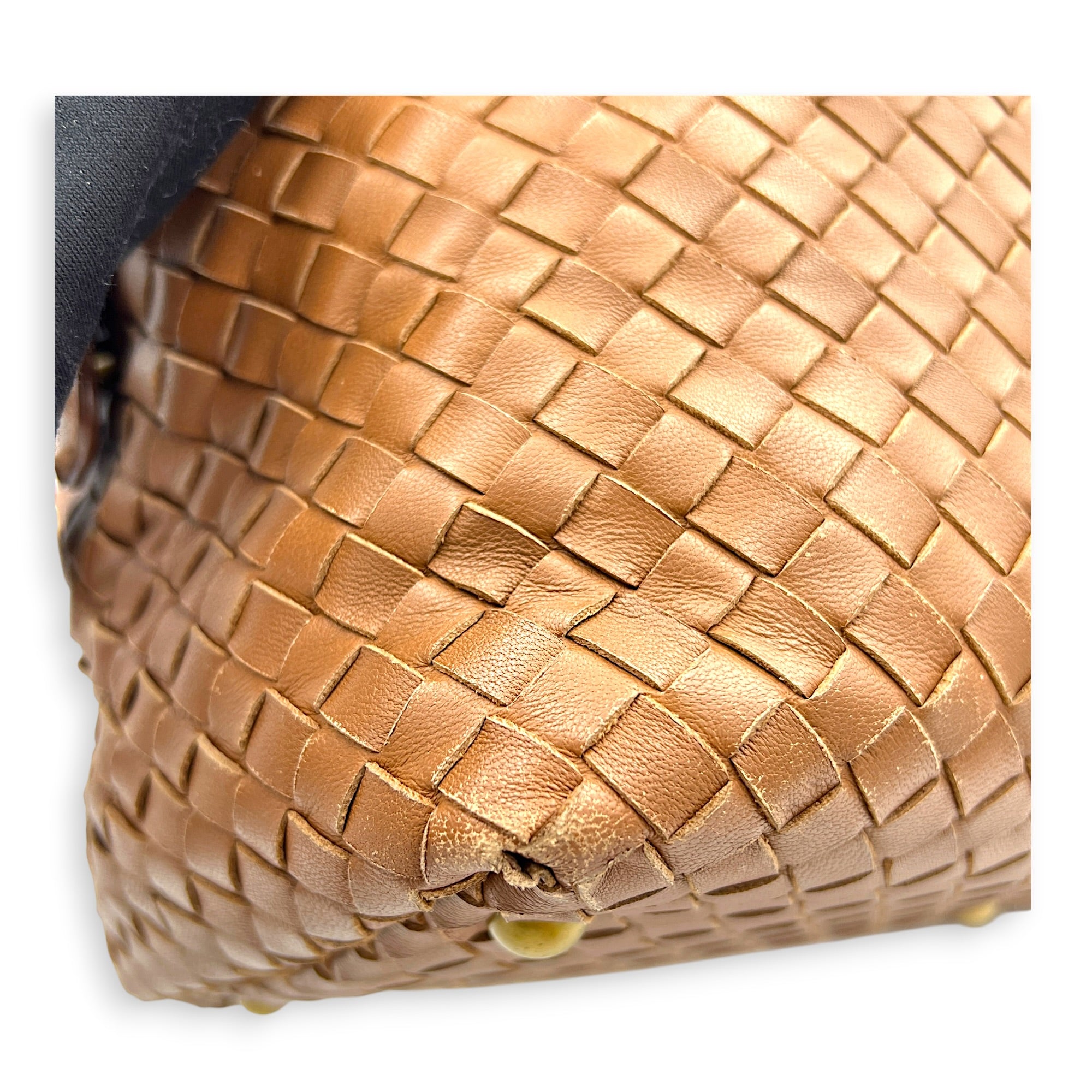 Intrecciato Brown Top Handle Bag in Nappa Leather, Brushed Gold hardware