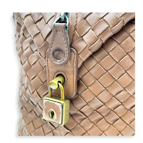 Intrecciato Brown Top Handle Bag in Nappa Leather, Brushed Gold hardware