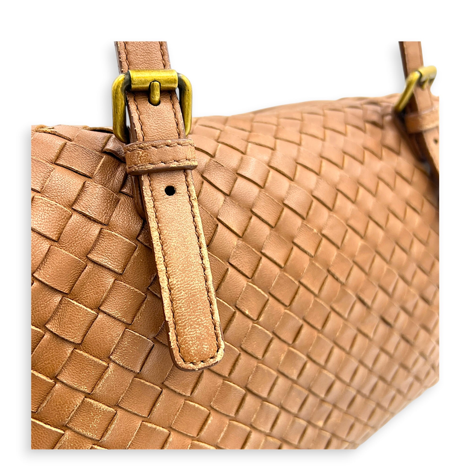 Intrecciato Brown Top Handle Bag in Nappa Leather, Brushed Gold hardware