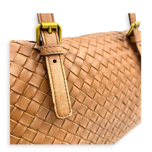 Intrecciato Brown Top Handle Bag in Nappa Leather, Brushed Gold hardware