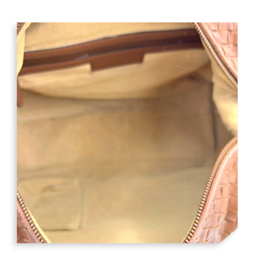 Intrecciato Brown Top Handle Bag in Nappa Leather, Brushed Gold hardware
