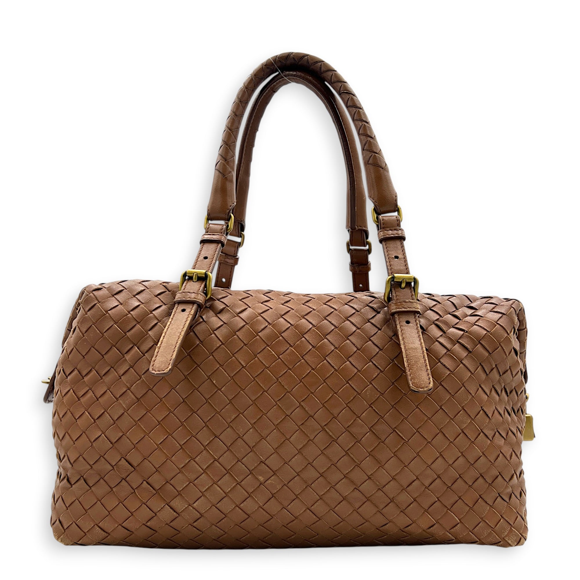 Intrecciato Brown Top Handle Bag in Nappa Leather, Brushed Gold hardware