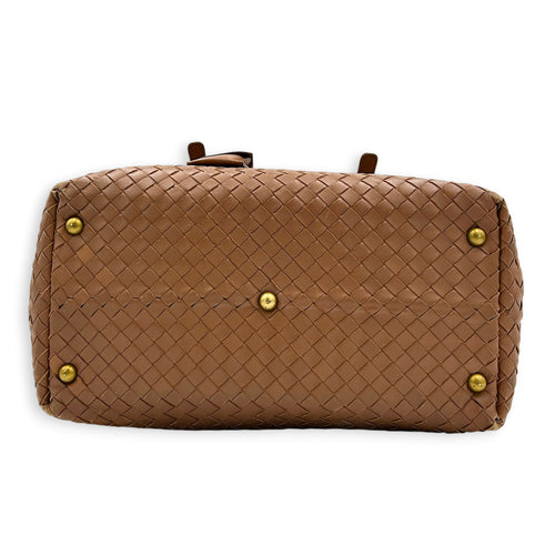 Intrecciato Brown Top Handle Bag in Nappa Leather, Brushed Gold hardware