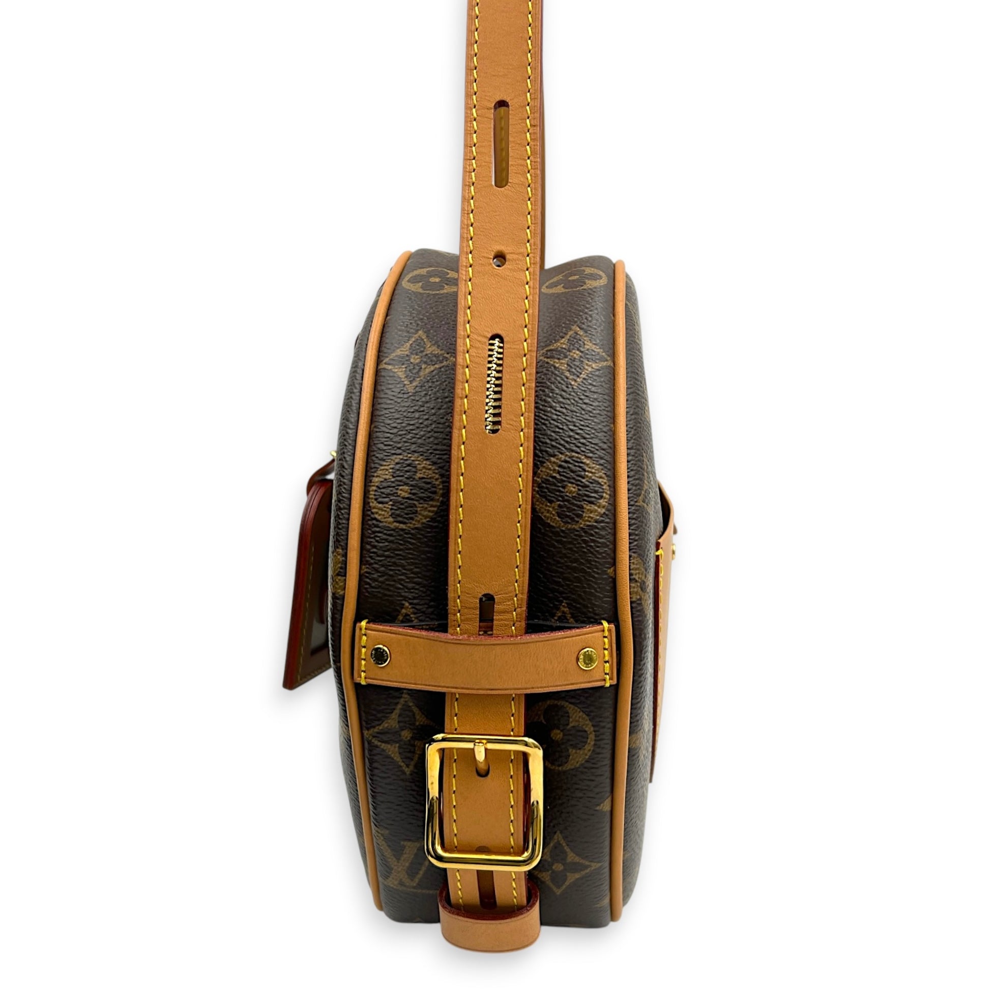 Boite Chapeau Shoulder Bag MM Brown in Coated Canvas, Gold hardware