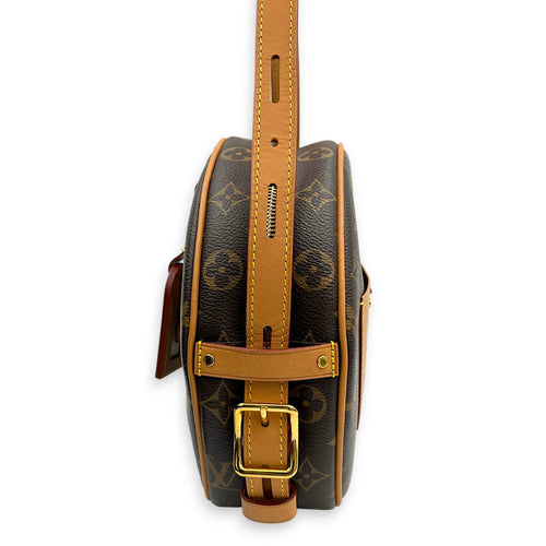 Boite Chapeau Shoulder Bag MM Brown in Coated Canvas, Gold hardware