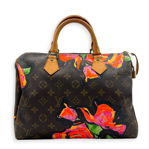 x Stephen Sprouses Roses Top Handle Bag 30 Brown in Monogram Coated Canvas, Gold hardware