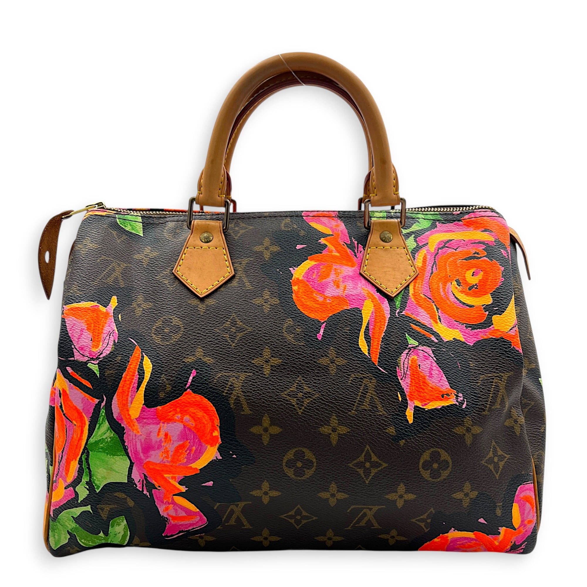 x Stephen Sprouses Roses Top Handle Bag 30 Brown in Monogram Coated Canvas, Gold hardware