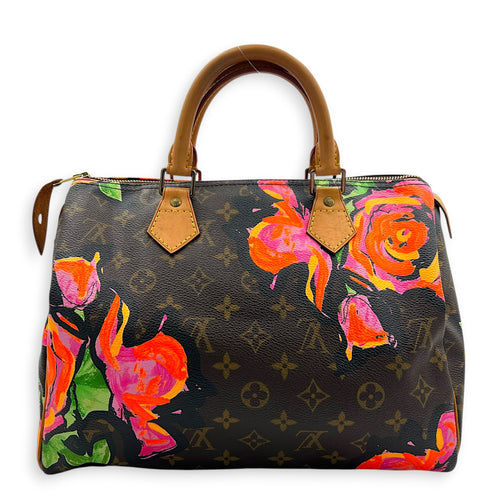 x Stephen Sprouses Roses Top Handle Bag 30 Brown in Monogram Coated Canvas, Gold hardware