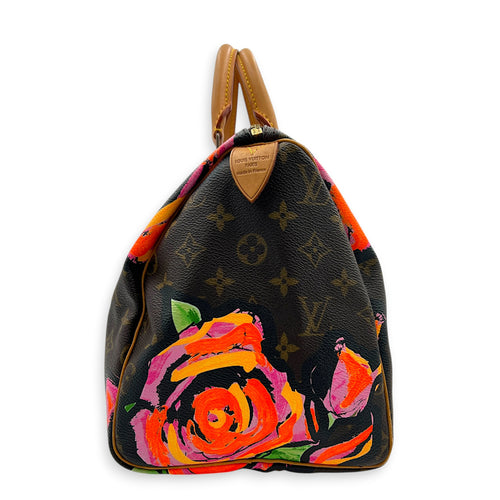 x Stephen Sprouses Roses Top Handle Bag 30 Brown in Monogram Coated Canvas, Gold hardware